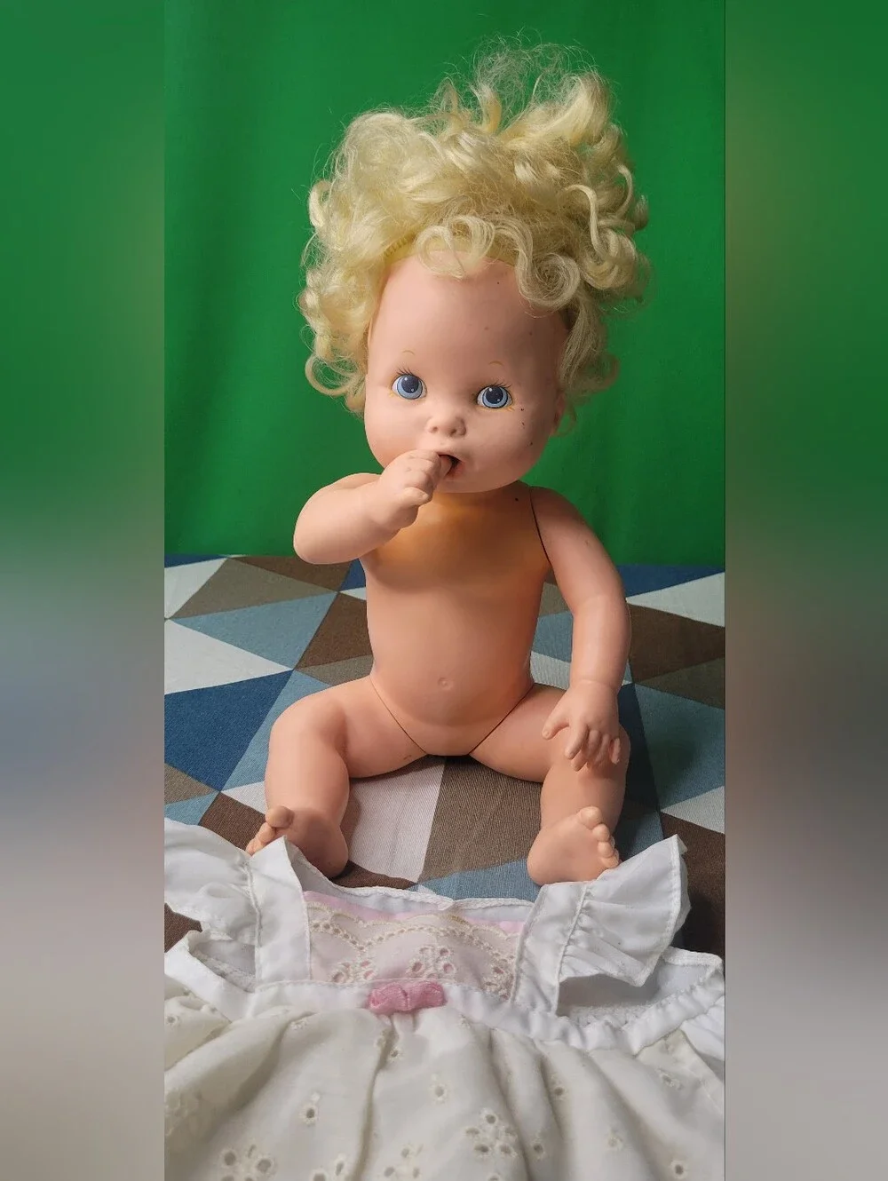 Vintage Baby Alive Curly Blonde Hair Blue Eyes Doll Dress Outfit 1990 Kenner Vtg